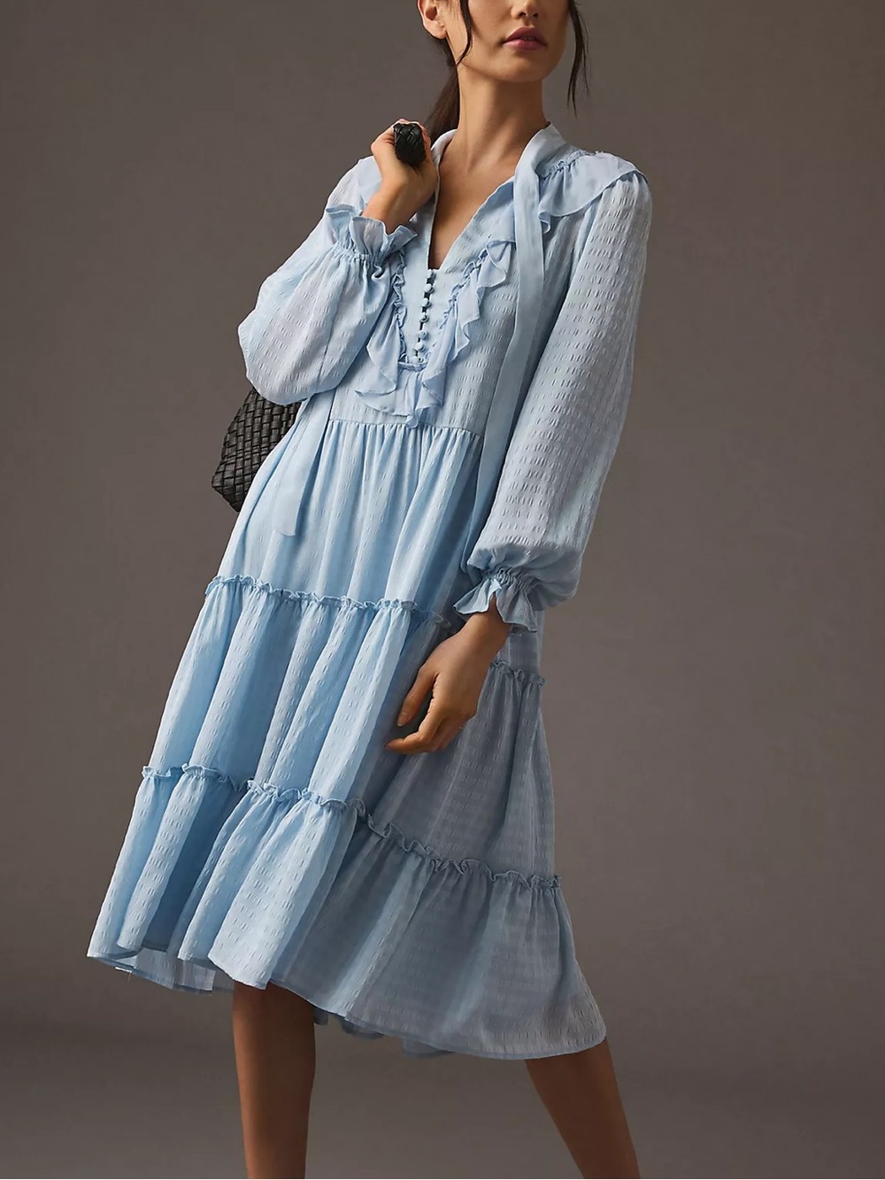 Anthropologie Baby Blue Tiered Long Sleeve Flowy Midi Dress Tie Neck